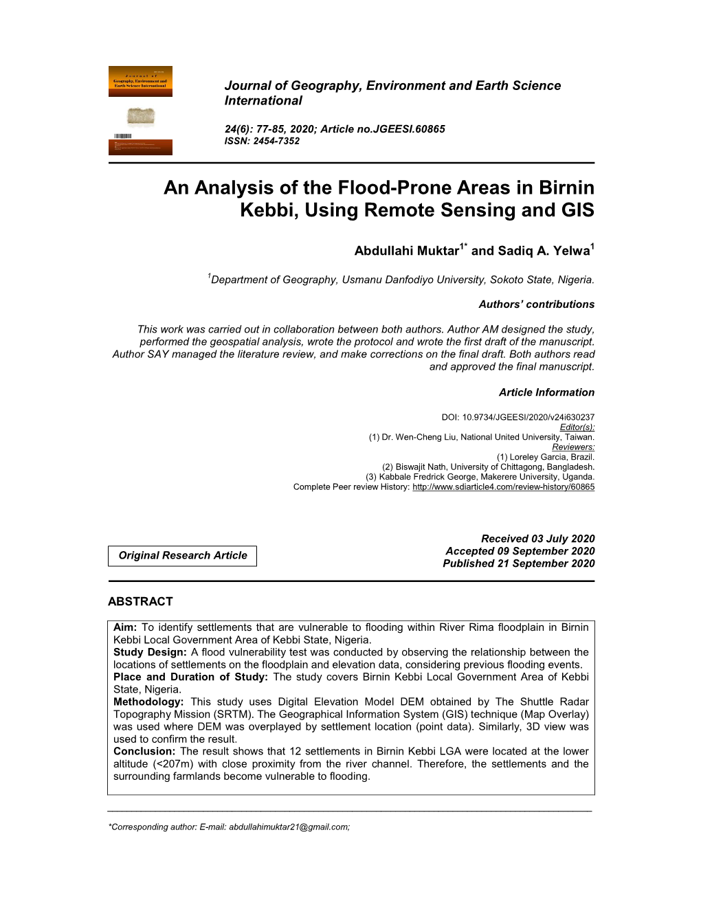 An Analysis of the Flood-Prone Areas in Birnin Kebbi, Using Remote Sensing and GIS