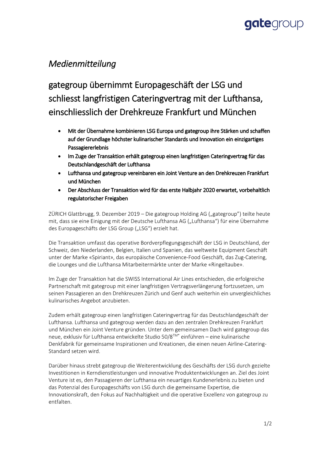 Medienmitteilung Gategroup Übernimmt Europageschäft Der LSG