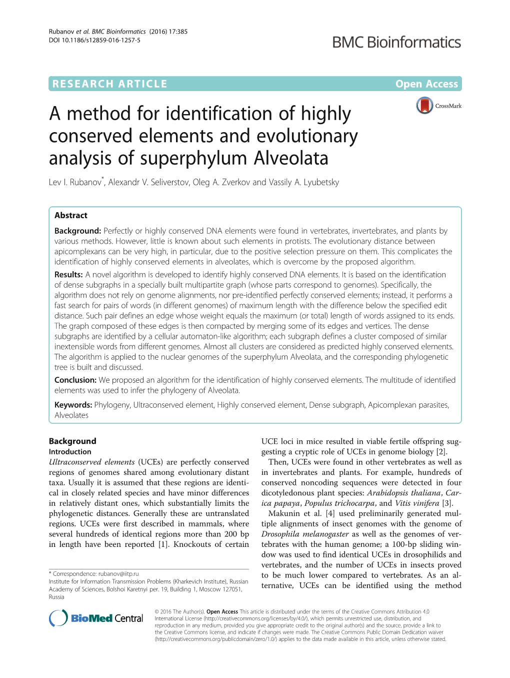 A Method for Identification of Highly Conserved Elements and Evolutionary Analysis of Superphylum Alveolata Lev I