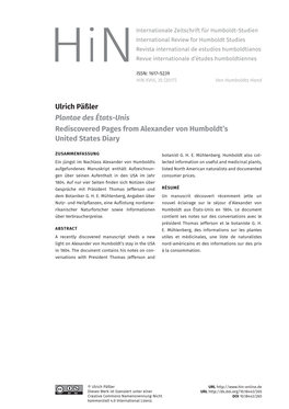 Plantae Des États-Unis Rediscovered Pages from Alexander Von Humboldt’S United States Diary