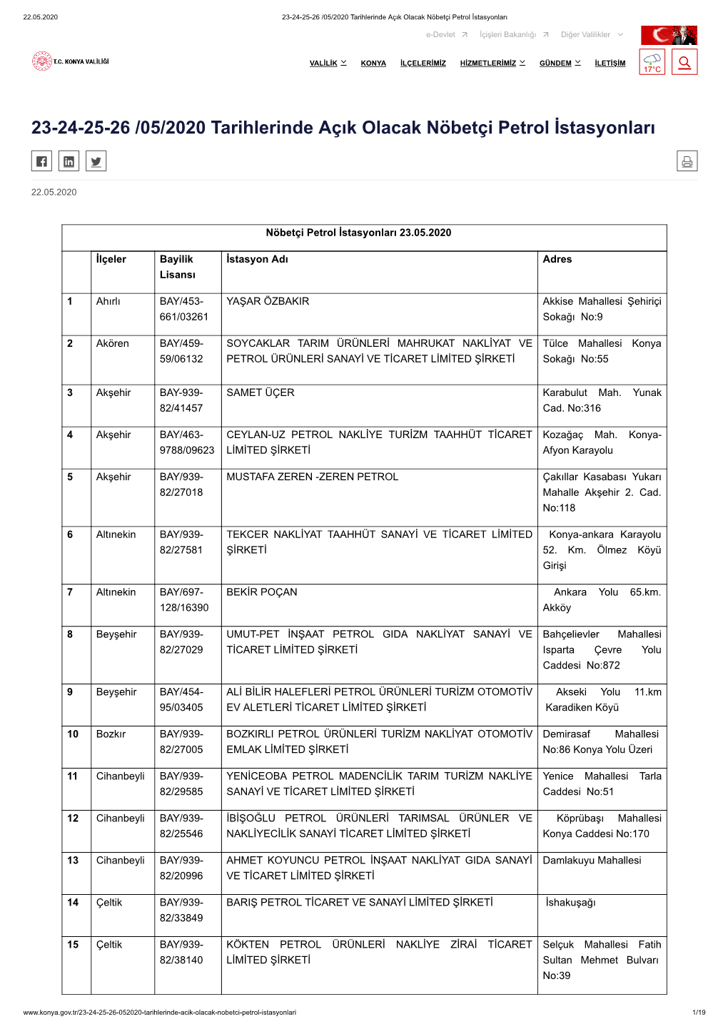23-24-25-26 /05/2020 Tarihlerinde Açık Olacak Nöbetçi Petrol İstasyonları