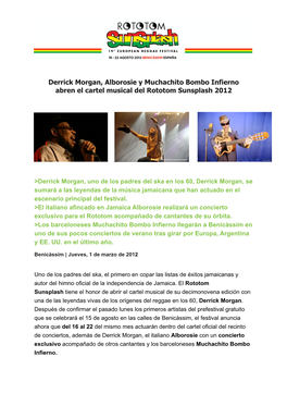 Derrick Morgan, Alborosie Y Muchachito Bombo Infierno Abren El Cartel Musical Del Rototom Sunsplash 2012
