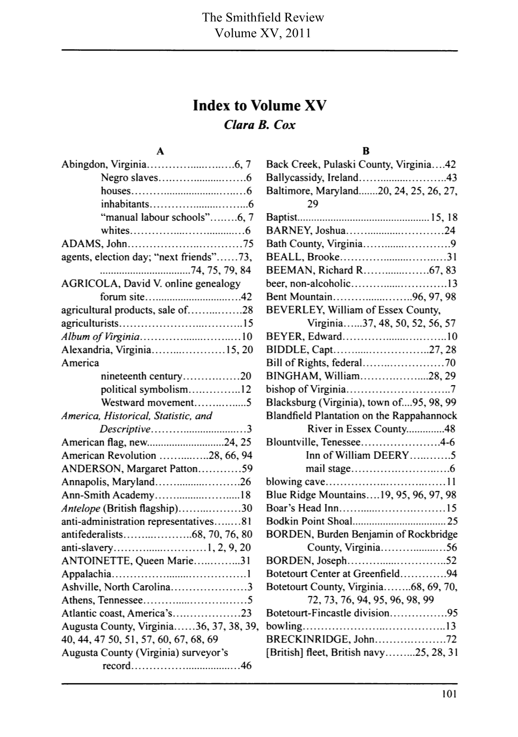 The Smithfield Review, Volume XV, 2011 Index