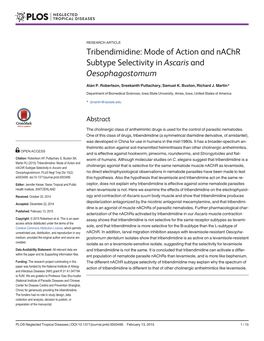 Tribendimidine: Mode of Action and Nachr Subtype Selectivity in Ascaris and Oesophagostomum