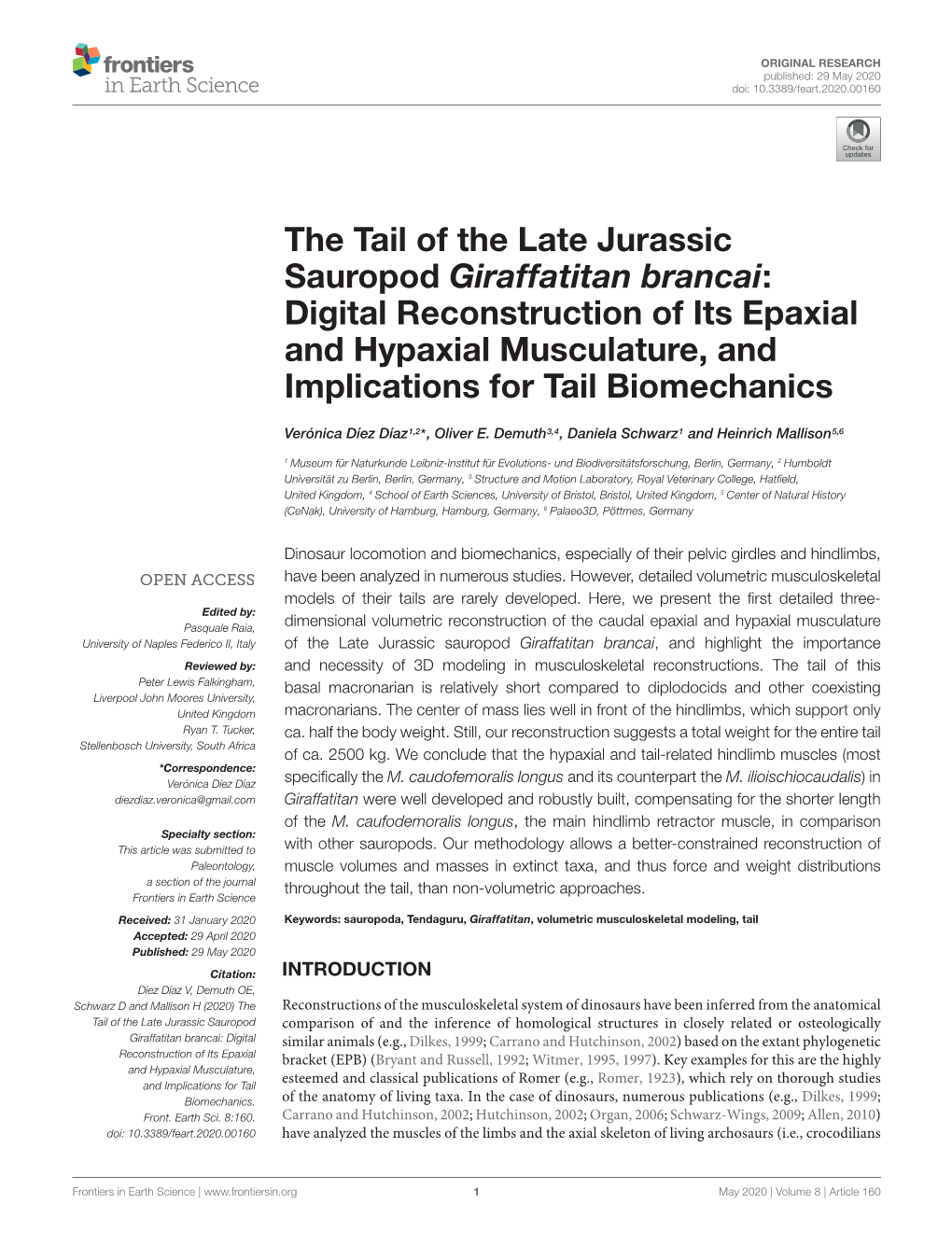 The Tail of the Late Jurassic Sauropod Giraffatitan Brancai: Digital Reconstruction of Its Epaxial and Hypaxial Musculature, and Implications for Tail Biomechanics