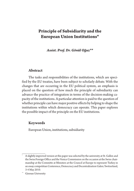 Principle of Subsidiarity and the European Union Institutions*