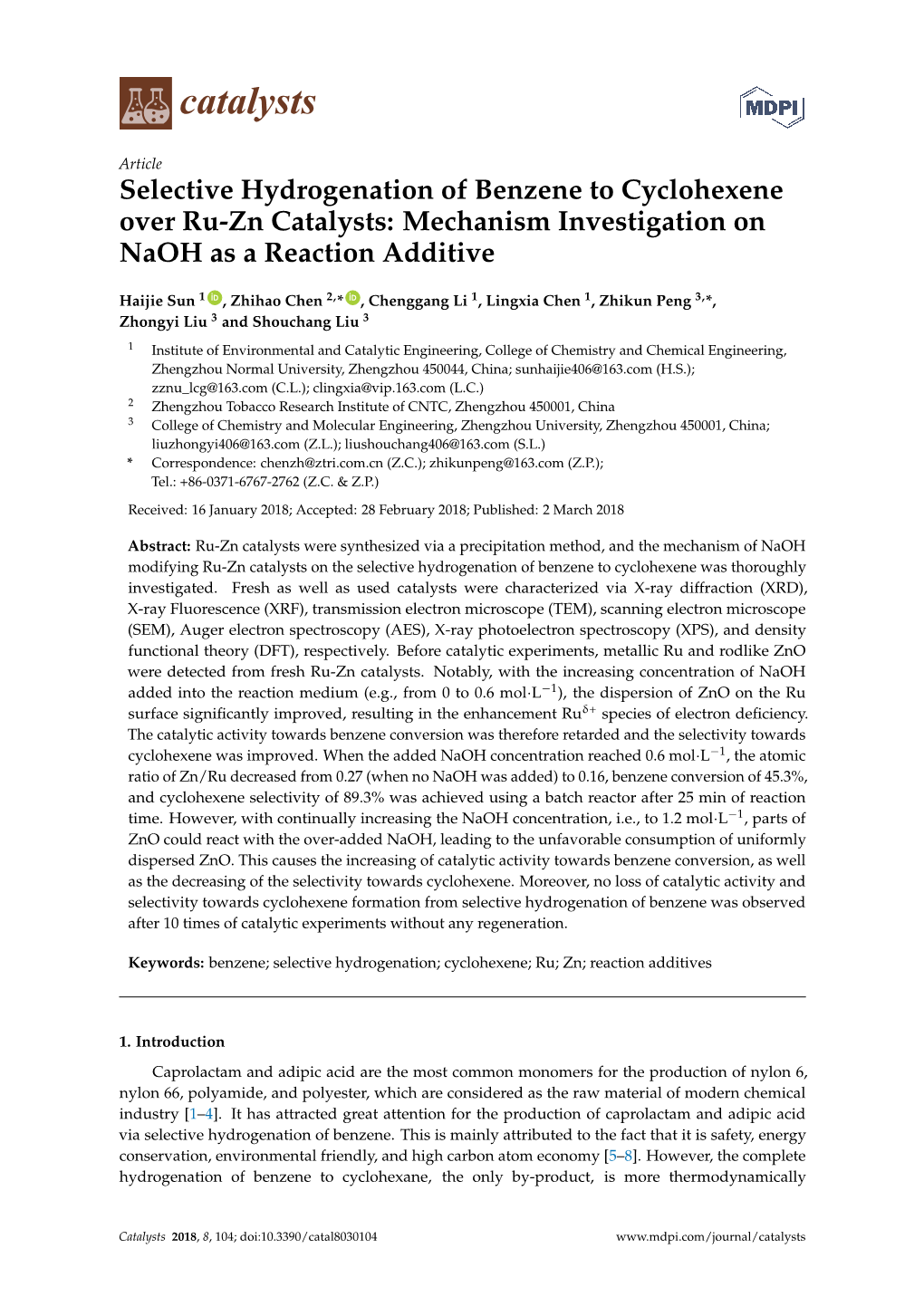 Selective Hydrogenation of Benzene to Cyclohexene Over Ru-Zn Catalysts: Mechanism Investigation on Naoh As a Reaction Additive