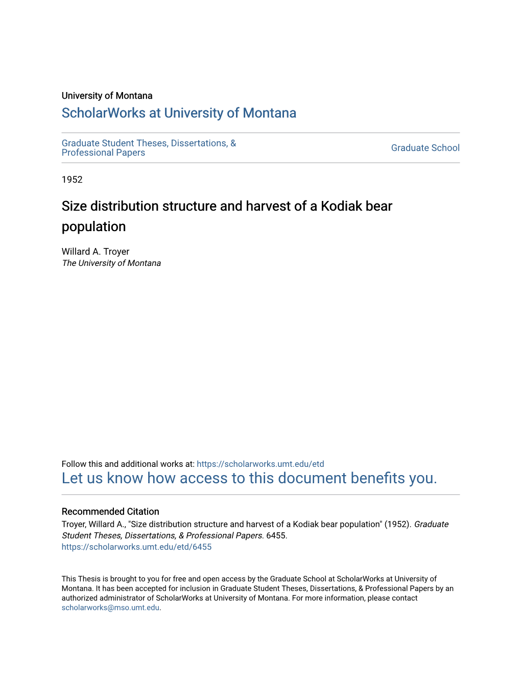 Size Distribution Structure and Harvest of a Kodiak Bear Population