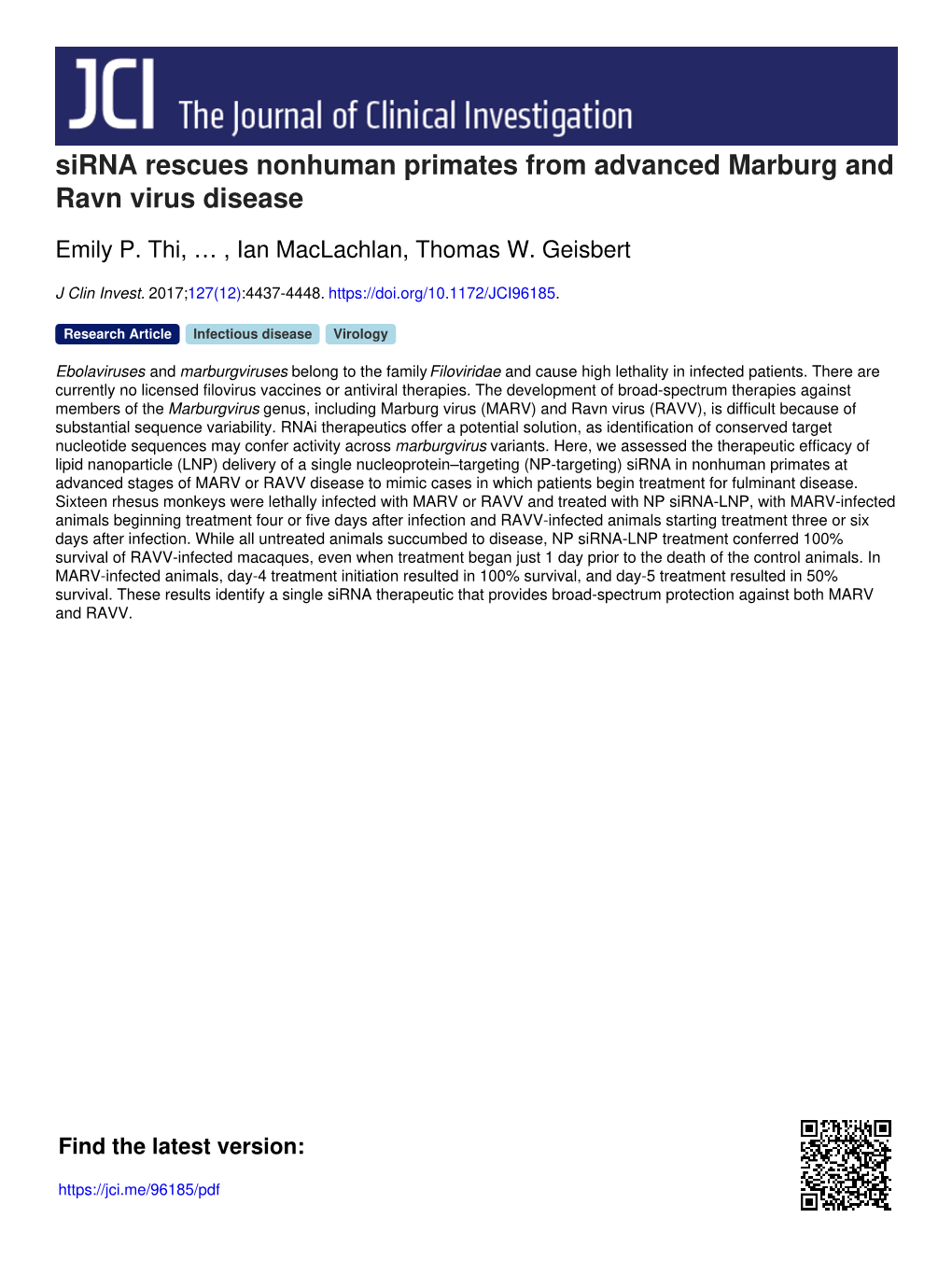 Sirna Rescues Nonhuman Primates from Advanced Marburg and Ravn Virus Disease