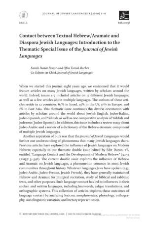 Contact Between Textual Hebrew/Aramaic and Diaspora Jewish Languages: Introduction to the Thematic Special Issue of the Journal of Jewish Languages