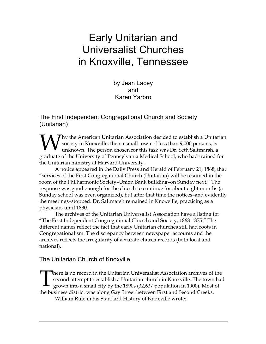 Early Unitarian and Universalist Churches in Knoxville, TN