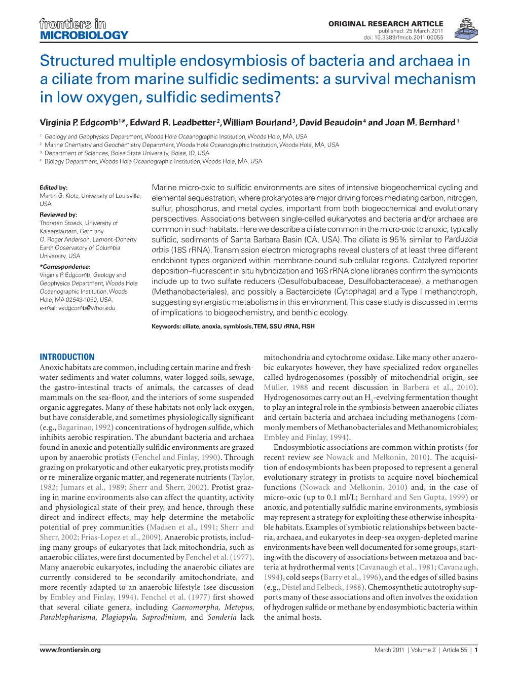 Structured Multiple Endosymbiosis of Bacteria and Archaea in a Ciliate from Marine Sulfidic Sediments: a Survival Mechanism in Low Oxygen, Sulfidic Sediments?