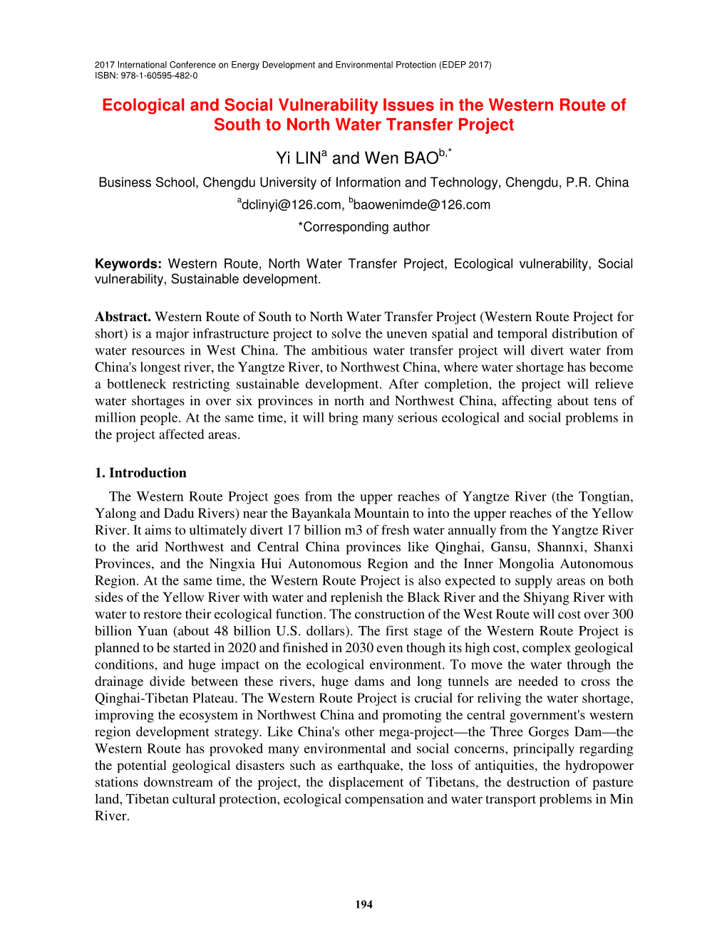 Ecological and Social Vulnerability Issues in the Western Route of South to North Water Transfer Project