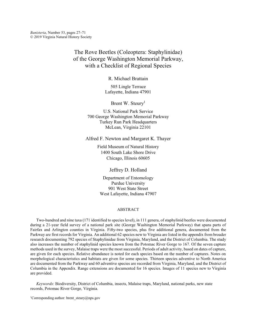 2019 Banisteria Brattain Et Al Staphylinidae of GWMP.Pdf