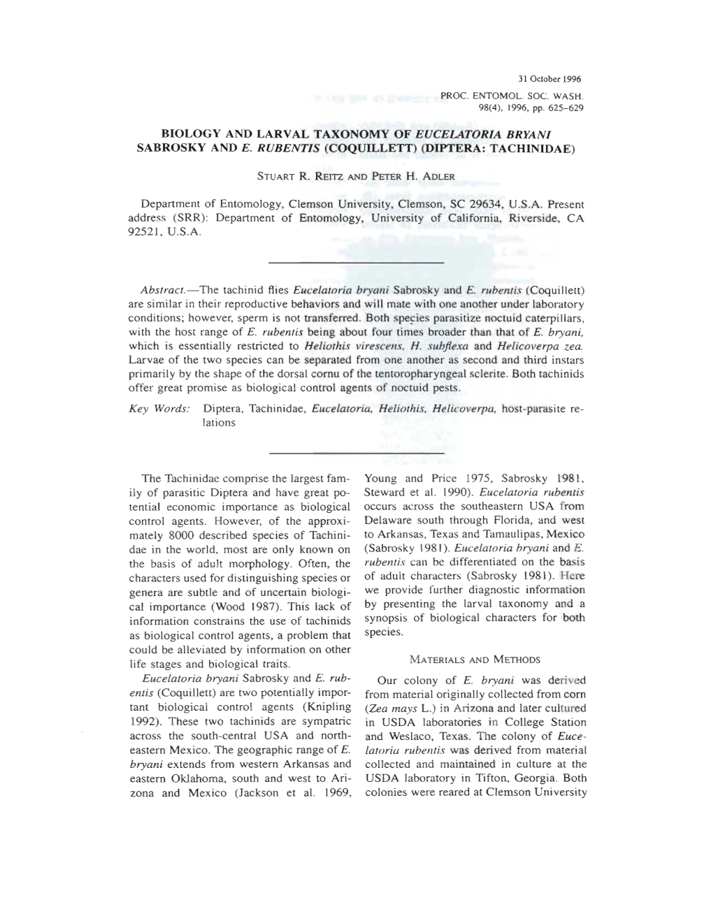 Biology and Larval Taxonomy of Eucelatoria Bryani Sabrosky and E