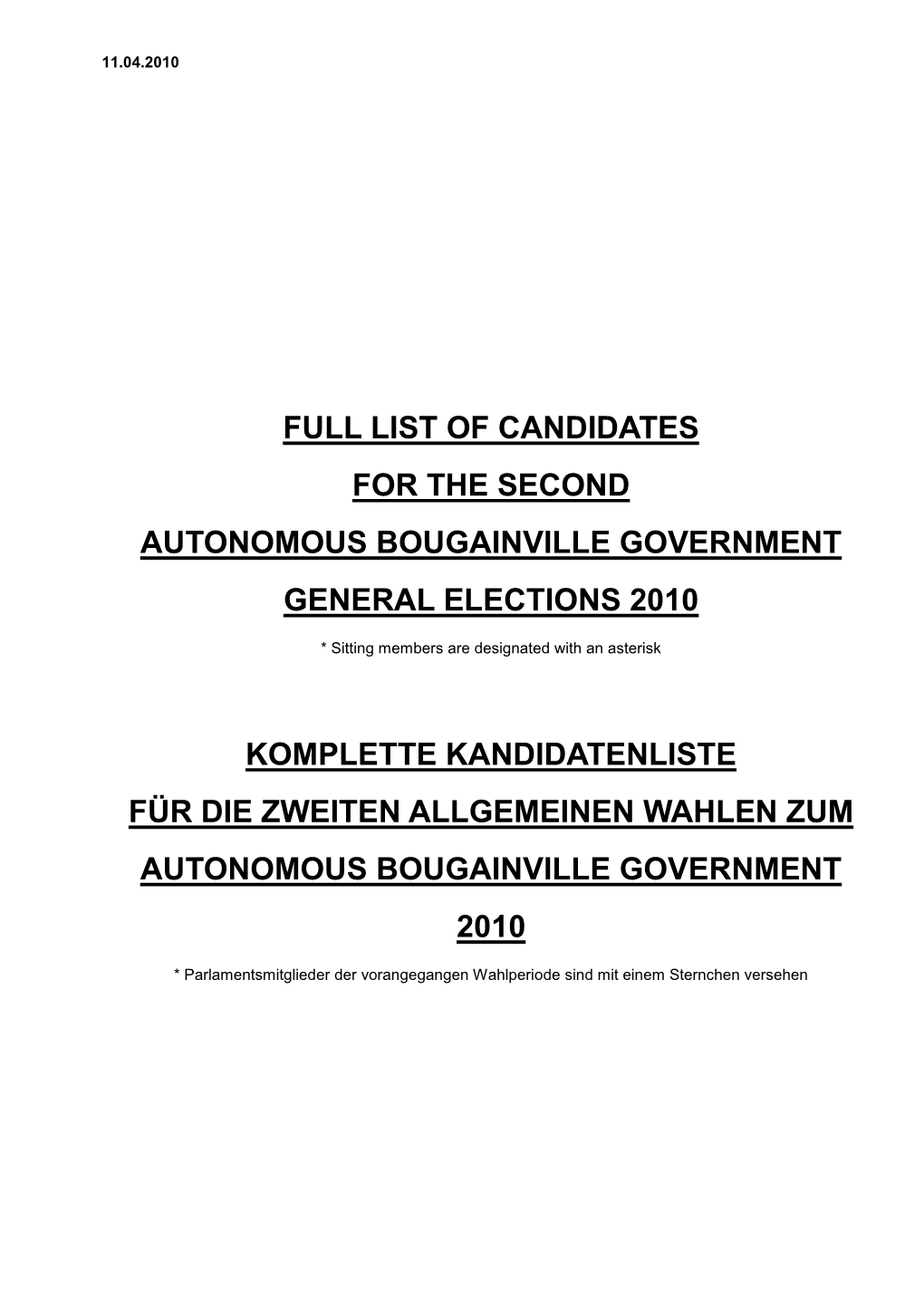 Full List of Candidates for the Second Autonomous Bougainville Government General Elections 2010