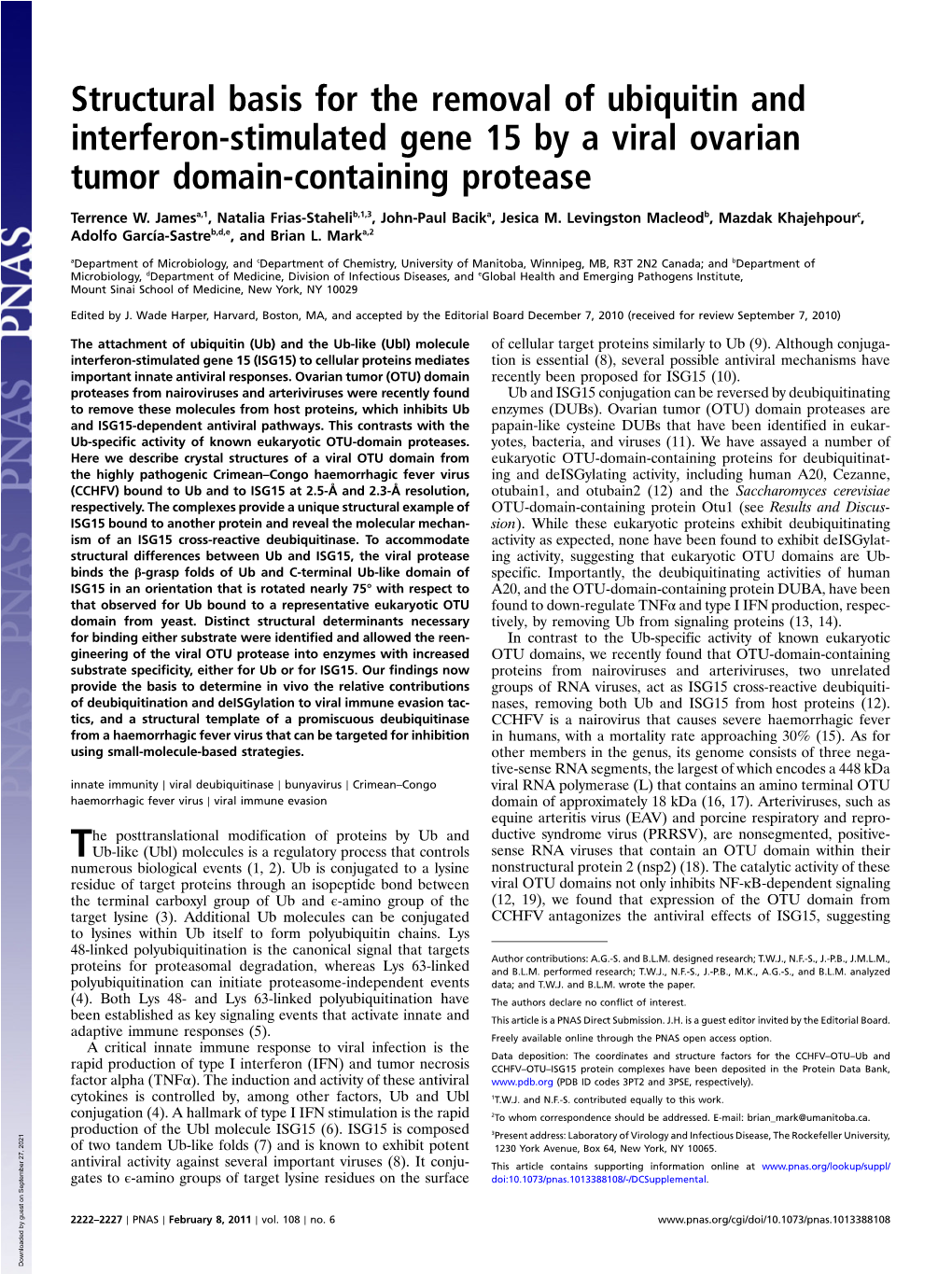 Structural Basis for the Removal of Ubiquitin and Interferon-Stimulated Gene 15 by a Viral Ovarian Tumor Domain-Containing Protease