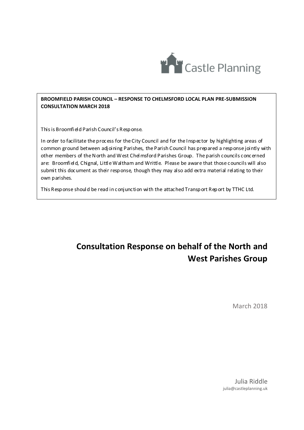 Consultation Response on Behalf of the North and West Parishes Group