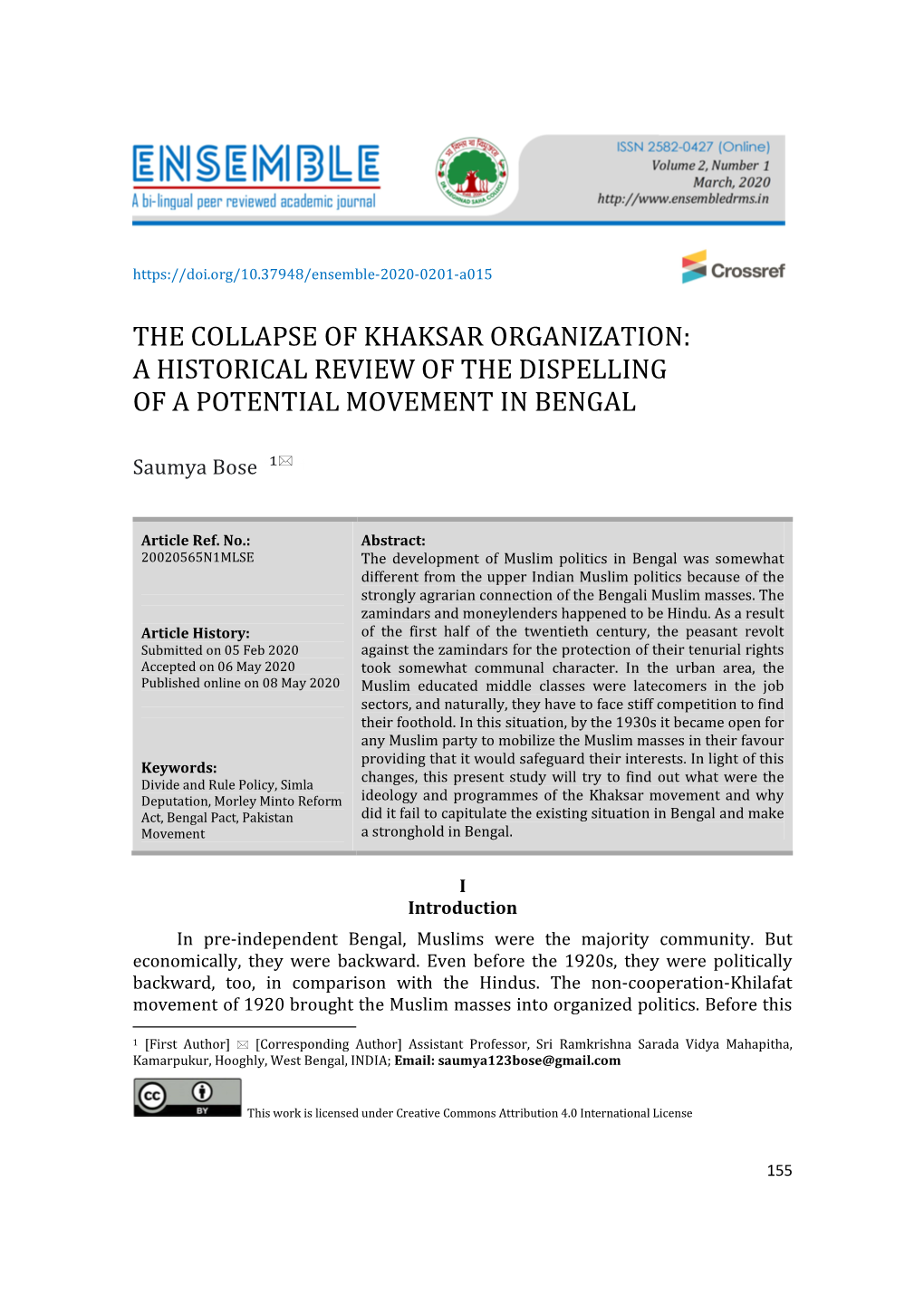 The Collapse of Khaksar Organization: a Historical Review of the Dispelling of a Potential Movement in Bengal