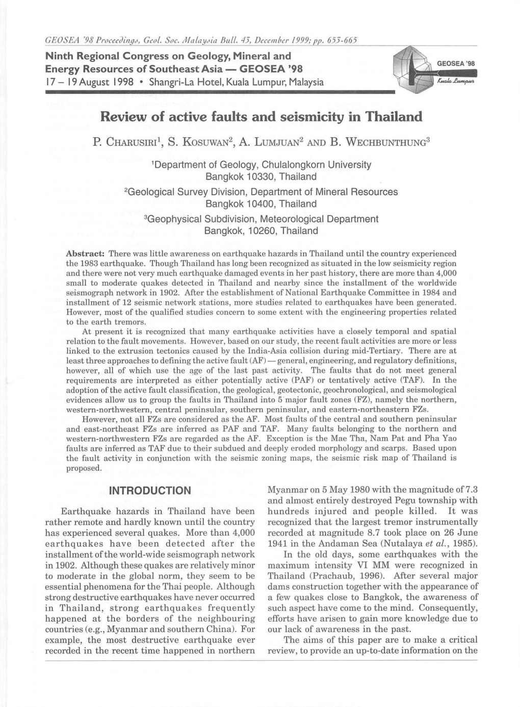 Review of Active Faults and Seismicity in Thailand