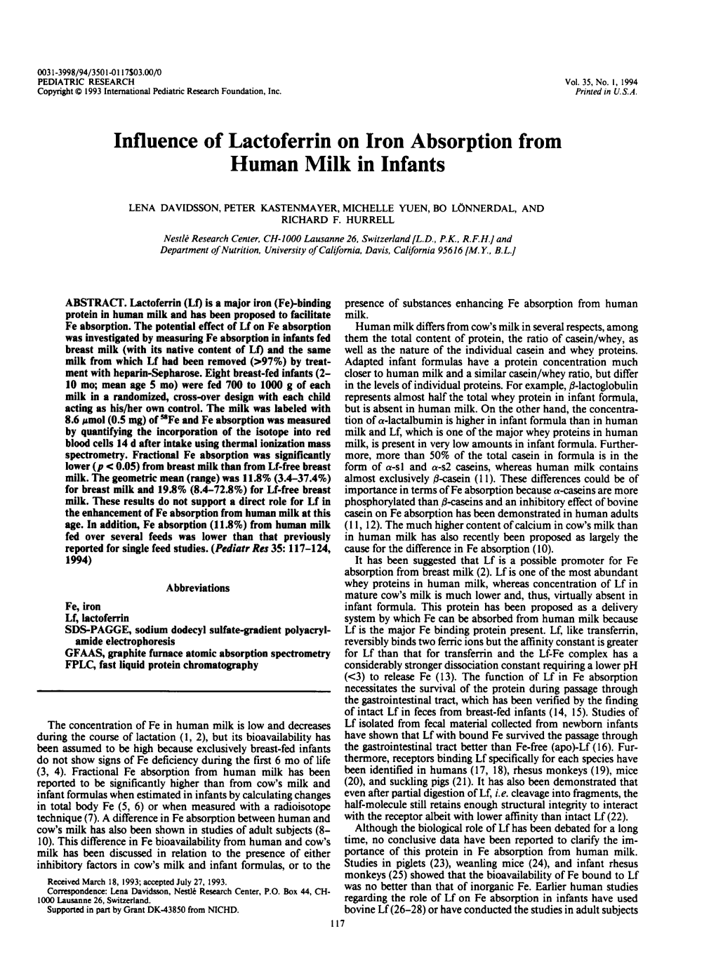 Influence of Lactoferrin on Iron Absorption from Human Milk in Infants