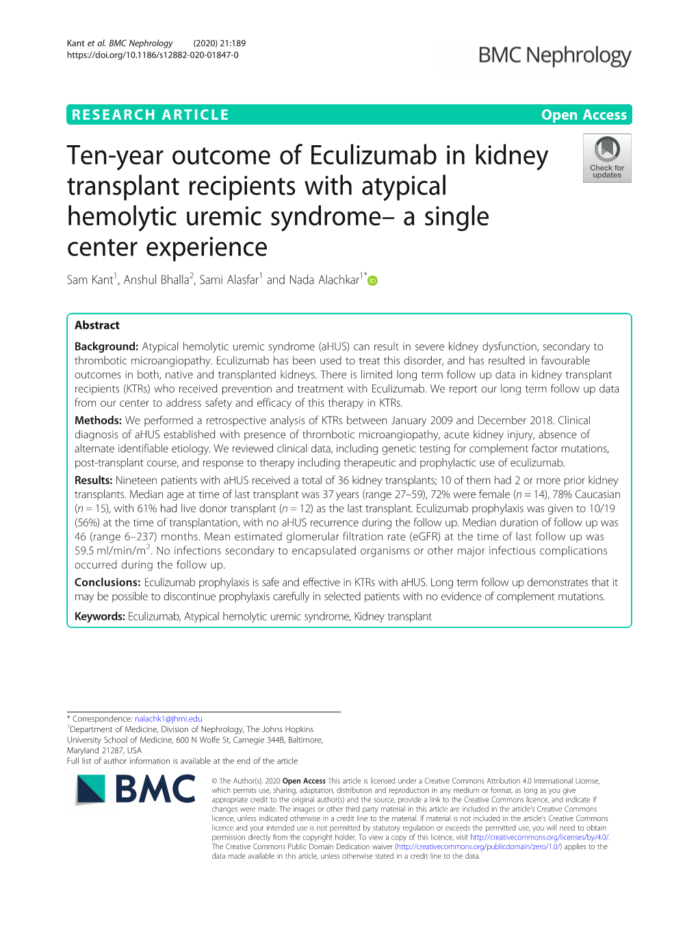 Ten-Year Outcome of Eculizumab in Kidney Transplant Recipients With