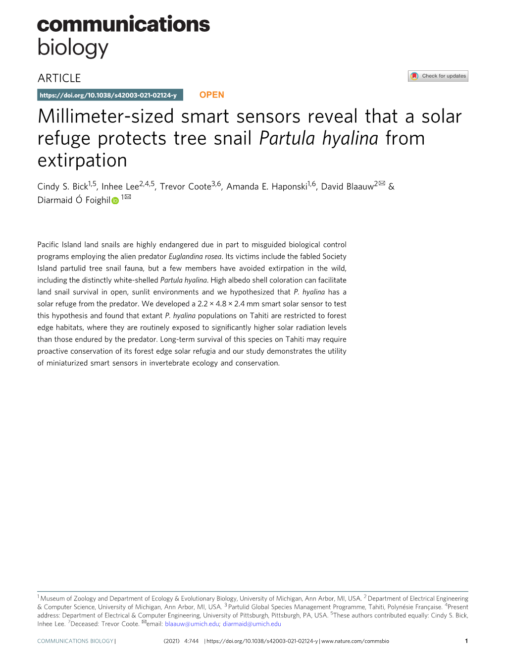 Millimeter-Sized Smart Sensors Reveal That a Solar Refuge Protects Tree Snail Partula Hyalina from Extirpation ✉ Cindy S