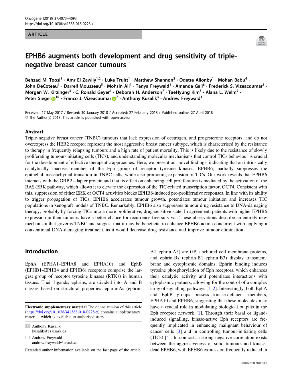 EPHB6 Augments Both Development and Drug Sensitivity of Triple- Negative Breast Cancer Tumours