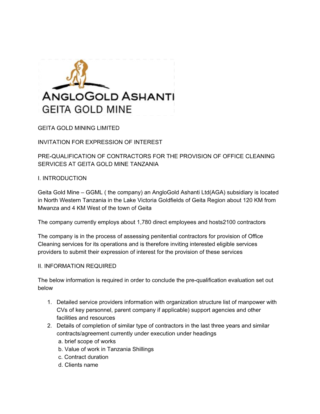 Geita Gold Mining Limited Invitation for Expression Of