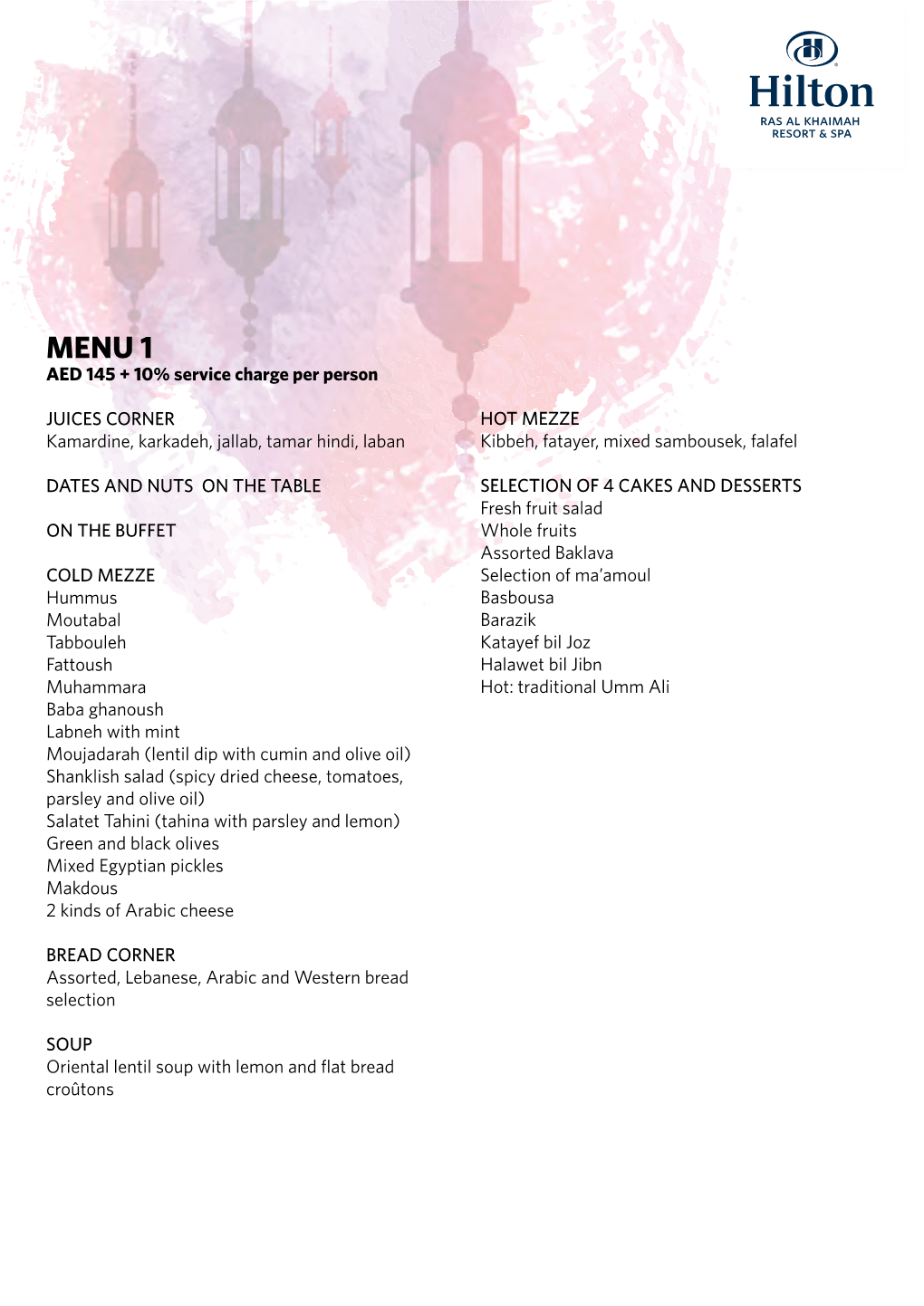 MENU 1 AED 145 + 10% Service Charge Per Person