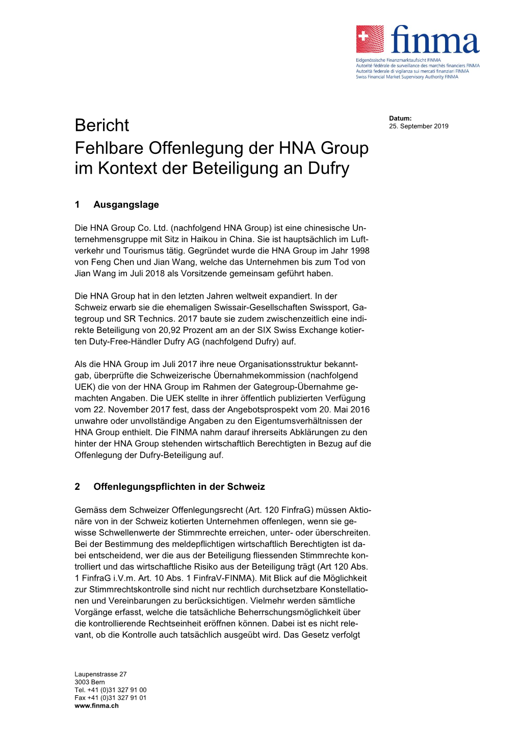 Bericht Fehlbare Offenlegung Der HNA Group Im Kontext Der Beteiligung an Dufry