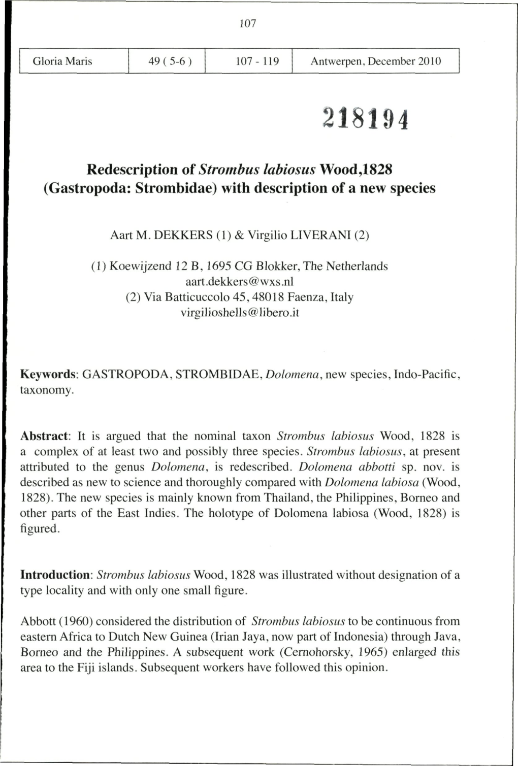 Redescription of Strombus Labiosus Wood,1828 (Gastropoda: Strombidae) with Description of a New Species