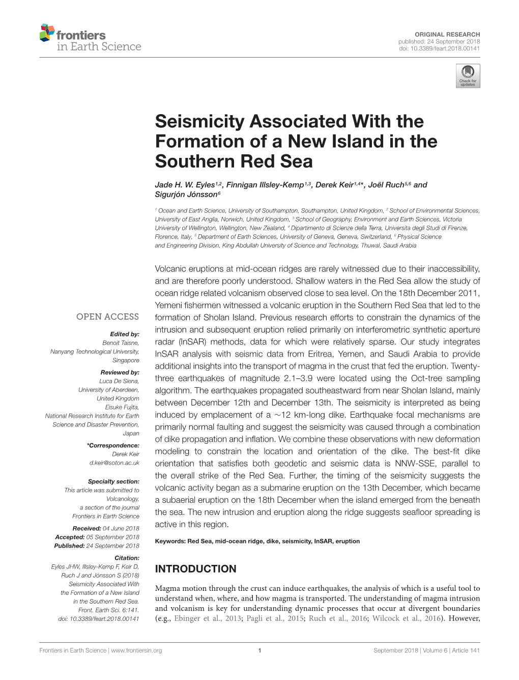 Seismicity Associated with the Formation of a New Island in the Southern Red Sea