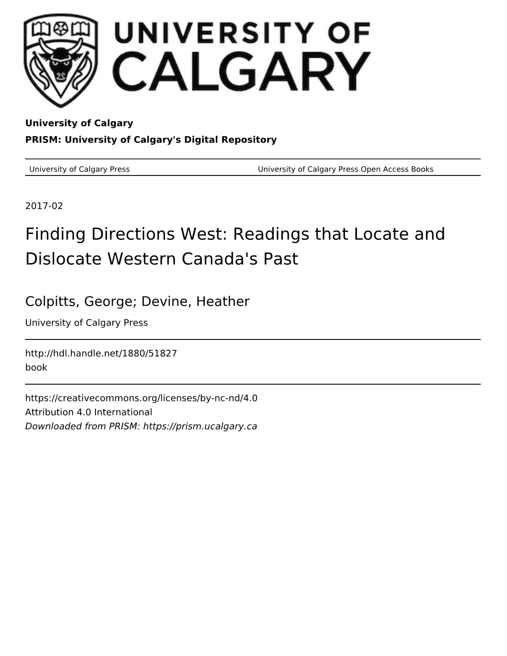 Finding Directions West: Readings That Locate and Dislocate Western Canada's Past