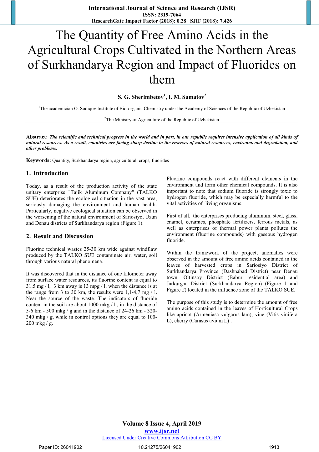 The Quantity of Free Amino Acids in the Agricultural Crops Cultivated in the Northern Areas of Surkhandarya Region and Impact of Fluorides on Them