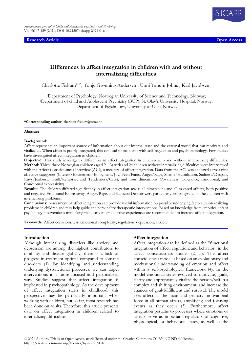 Differences in Affect Integration in Children with and Without Internalizing Difficulties