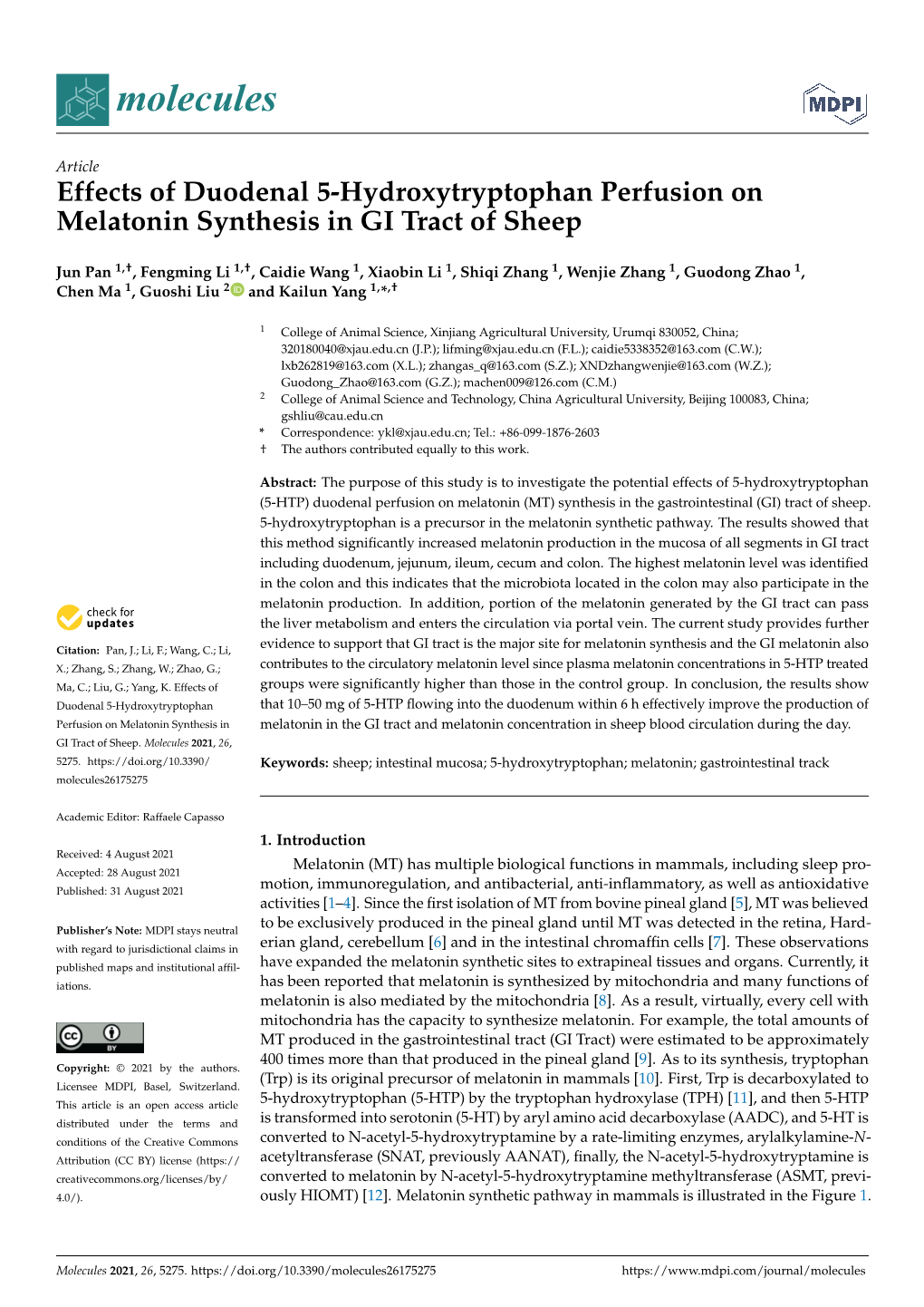 Effects of Duodenal 5-Hydroxytryptophan Perfusion on Melatonin Synthesis in GI Tract of Sheep