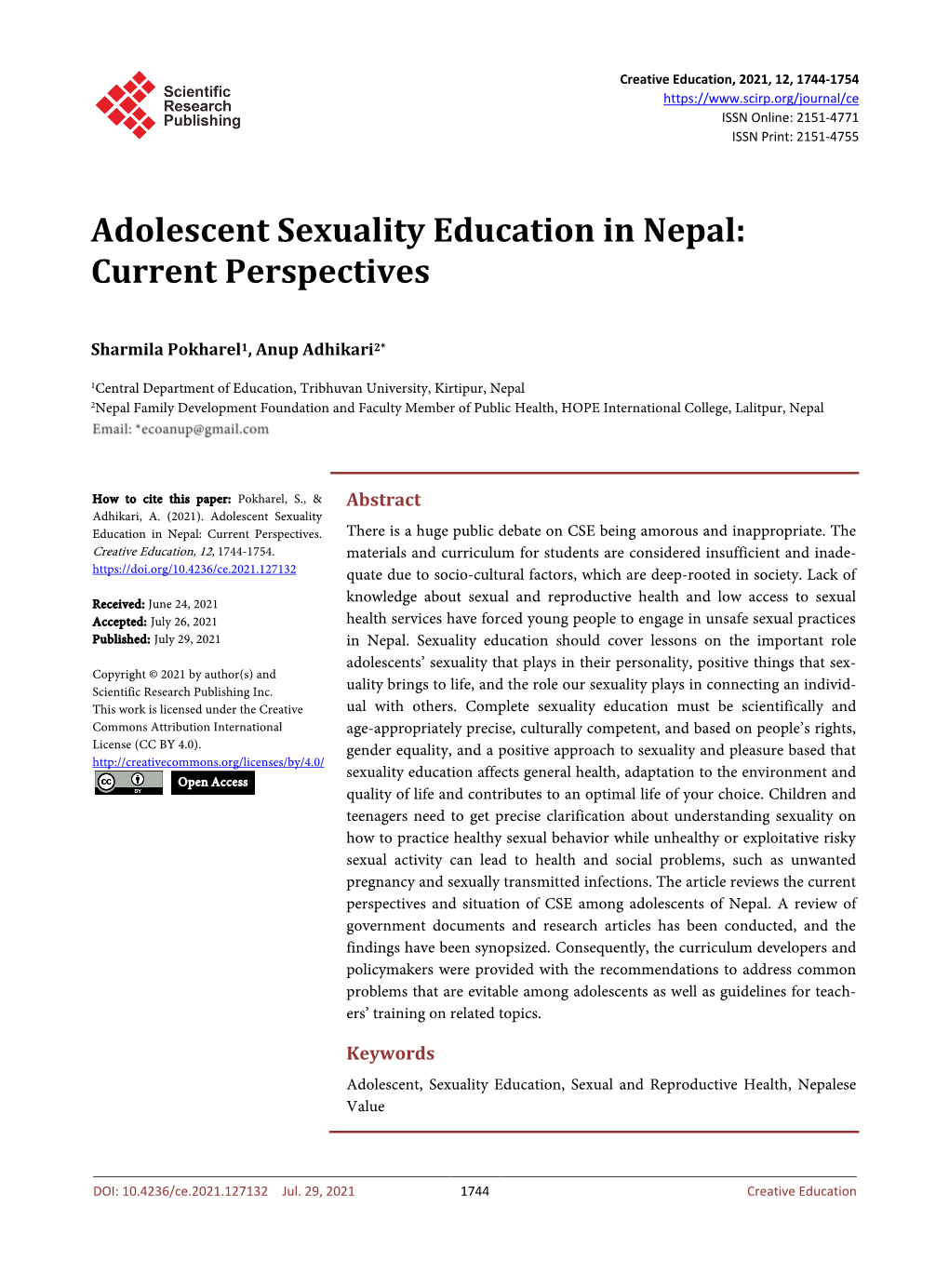 Adolescent Sexuality Education in Nepal: Current Perspectives