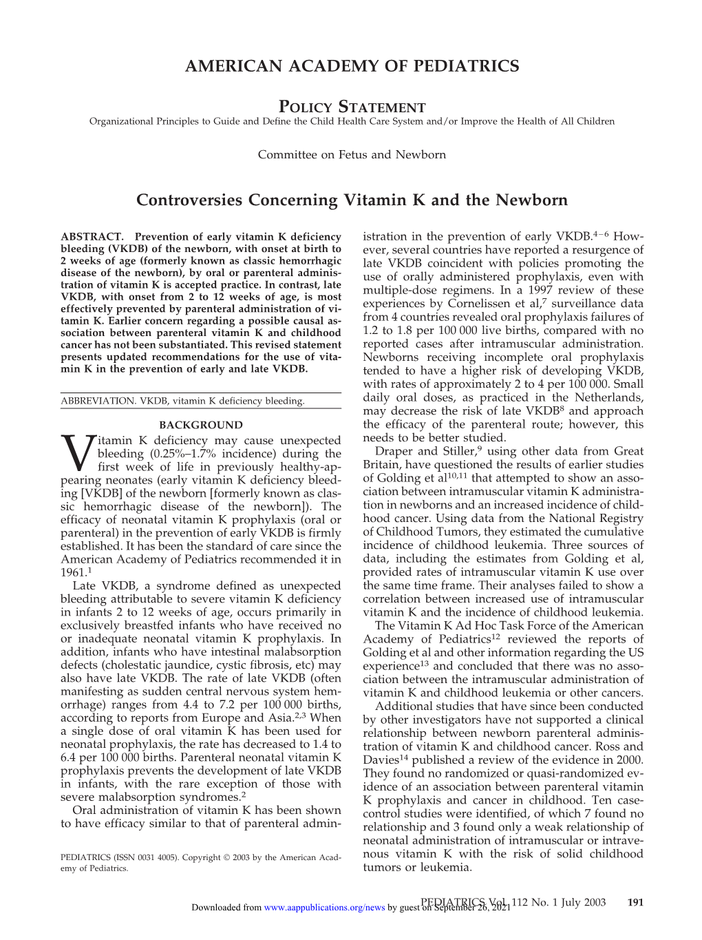 Controversies Concerning Vitamin K and the Newborn