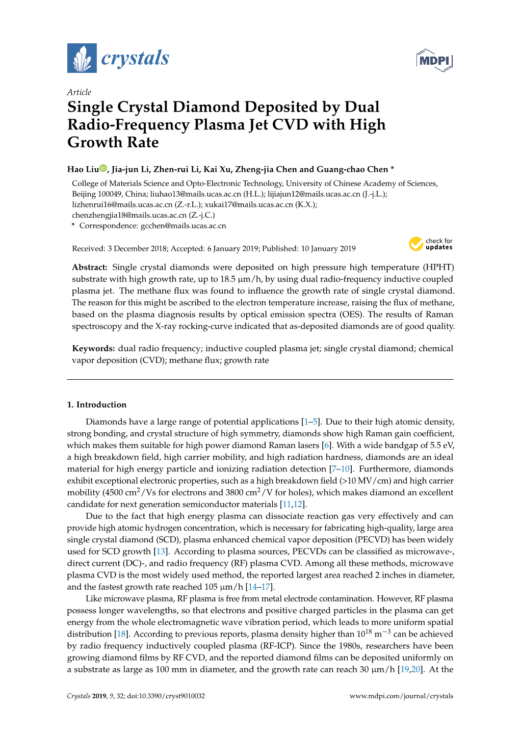 Single Crystal Diamond Deposited by Dual Radio-Frequency Plasma Jet CVD with High Growth Rate