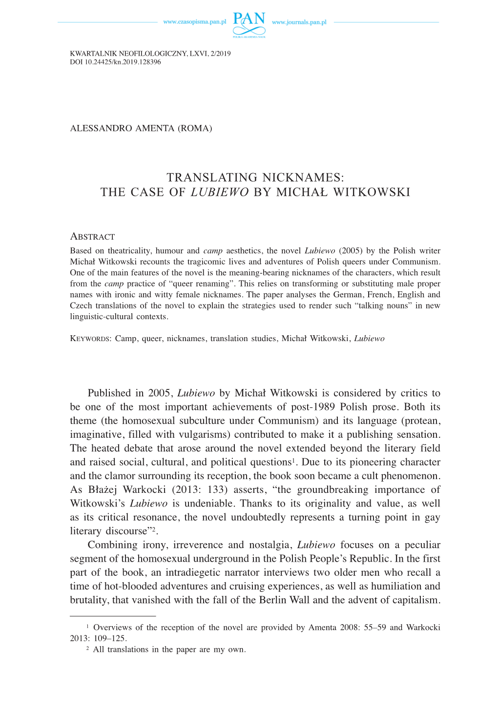 Translating Nicknames: the Case of Lubiewo by Michał Witkowski