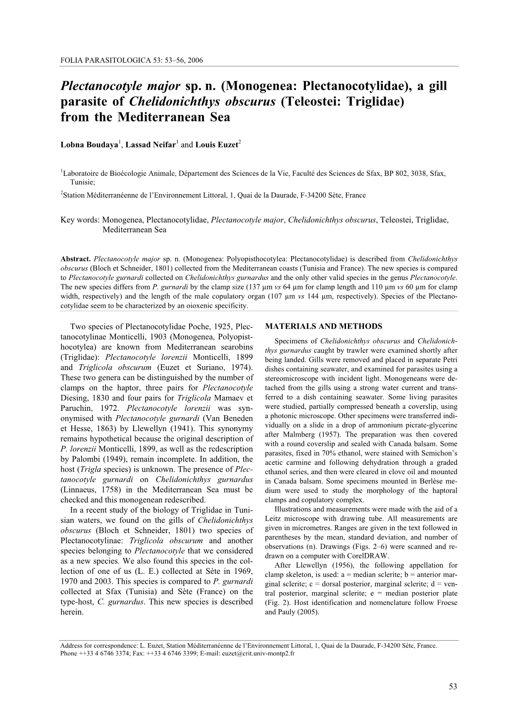 Monogenea: Plectanocotylidae), a Gill Parasite of Chelidonichthys Obscurus (Teleostei: Triglidae) from the Mediterranean Sea