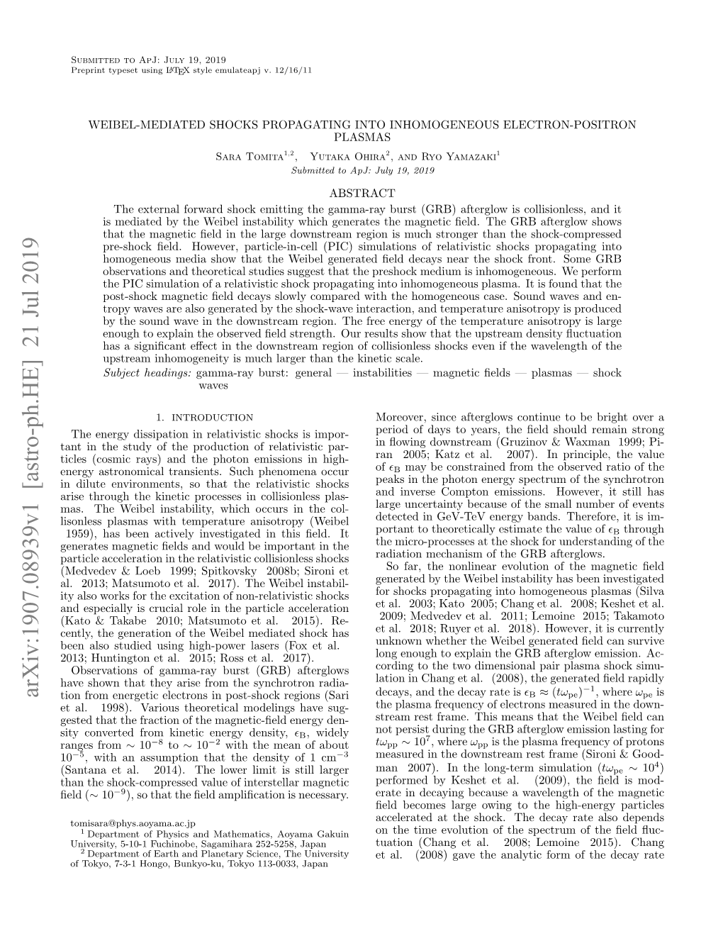 Arxiv:1907.08939V1 [Astro-Ph.HE] 21 Jul 2019 Tion from Energetic Electrons in Post-Shock Regions (Sari Decays, and the Decay Rate Is B ≈ (Tωpe) , Where Ωpe Is Et Al