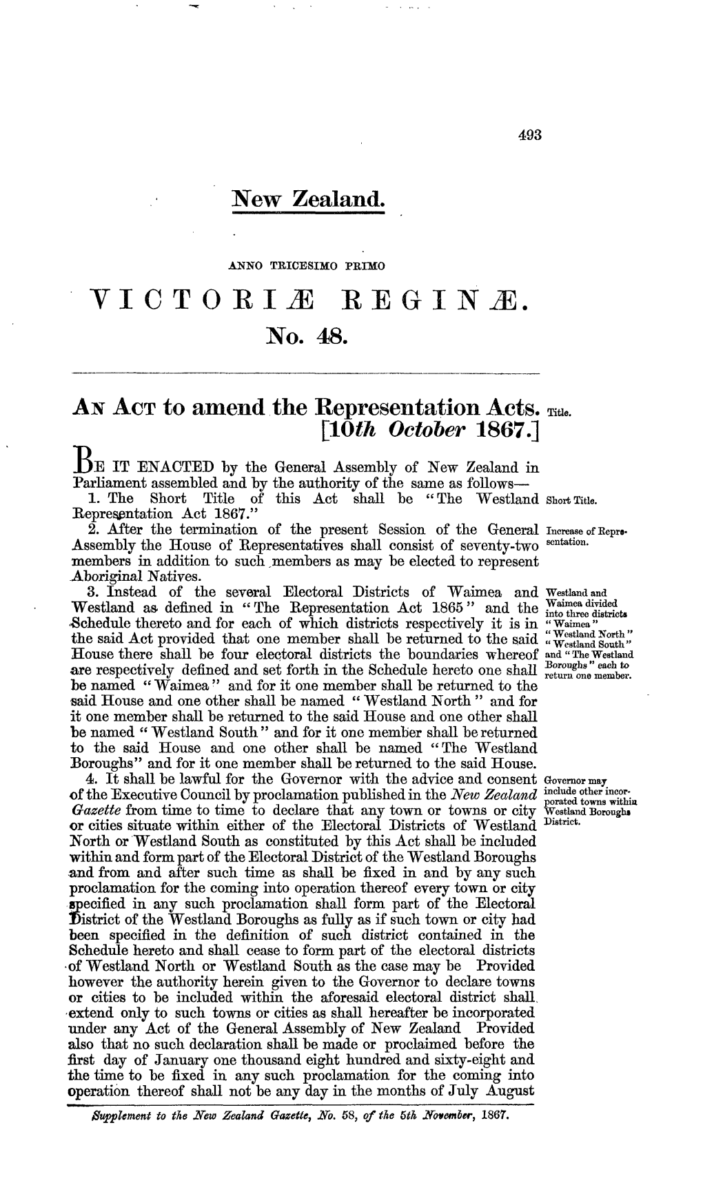 31 Victoriae 1867 No 48 Westland Representation