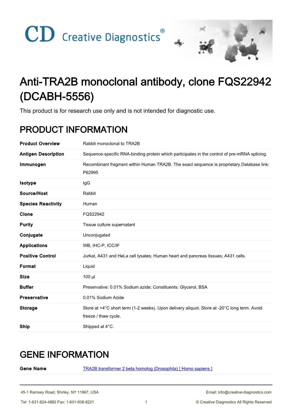 Anti-TRA2B Monoclonal Antibody, Clone FQS22942 (DCABH-5556) This Product Is for Research Use Only and Is Not Intended for Diagnostic Use