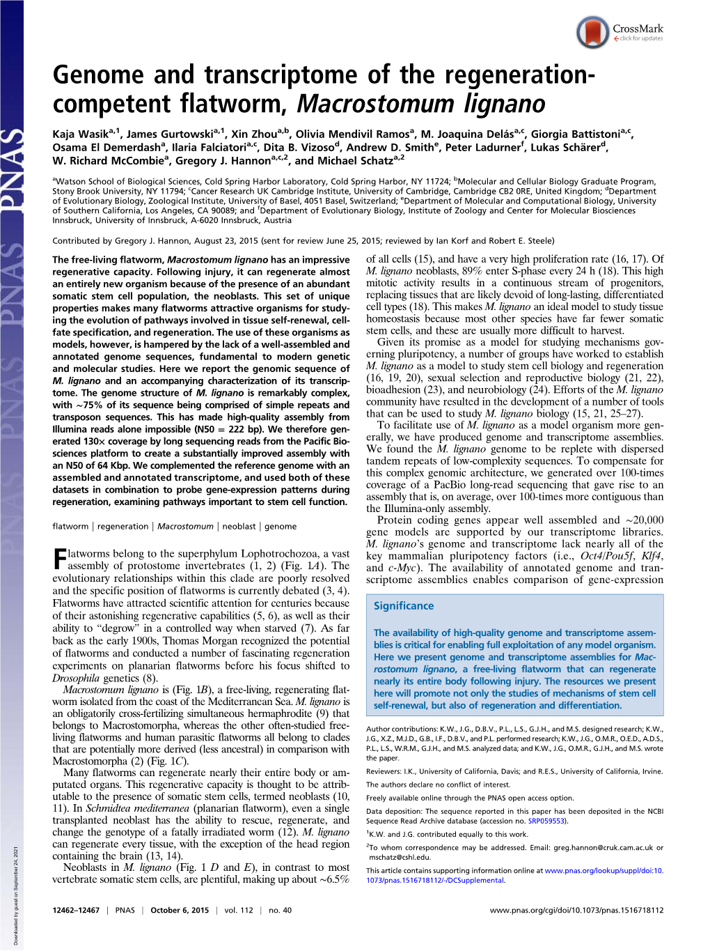 Genome and Transcriptome of the Regeneration- Competent Flatworm, Macrostomum Lignano