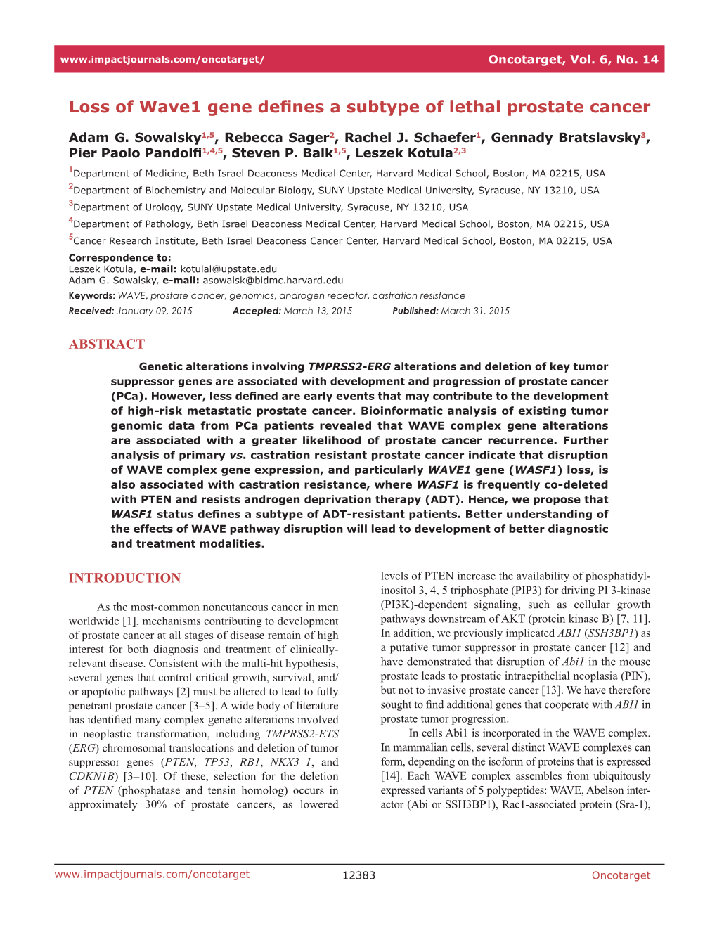 Loss of Wave1 Gene Defines a Subtype of Lethal Prostate Cancer