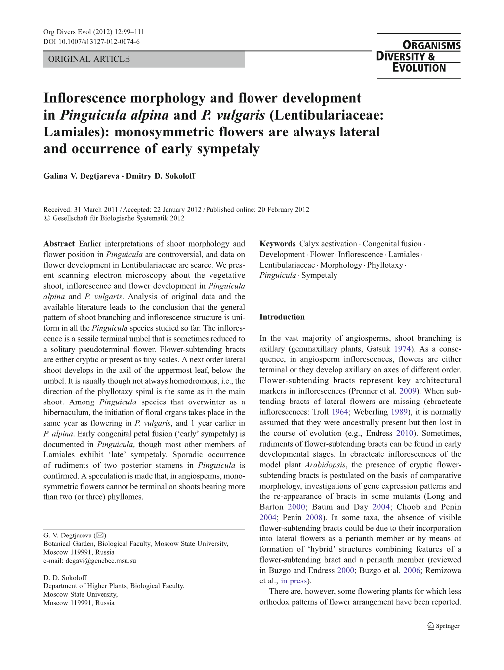 Inflorescence Morphology and Flower Development in Pinguicula Alpina and P