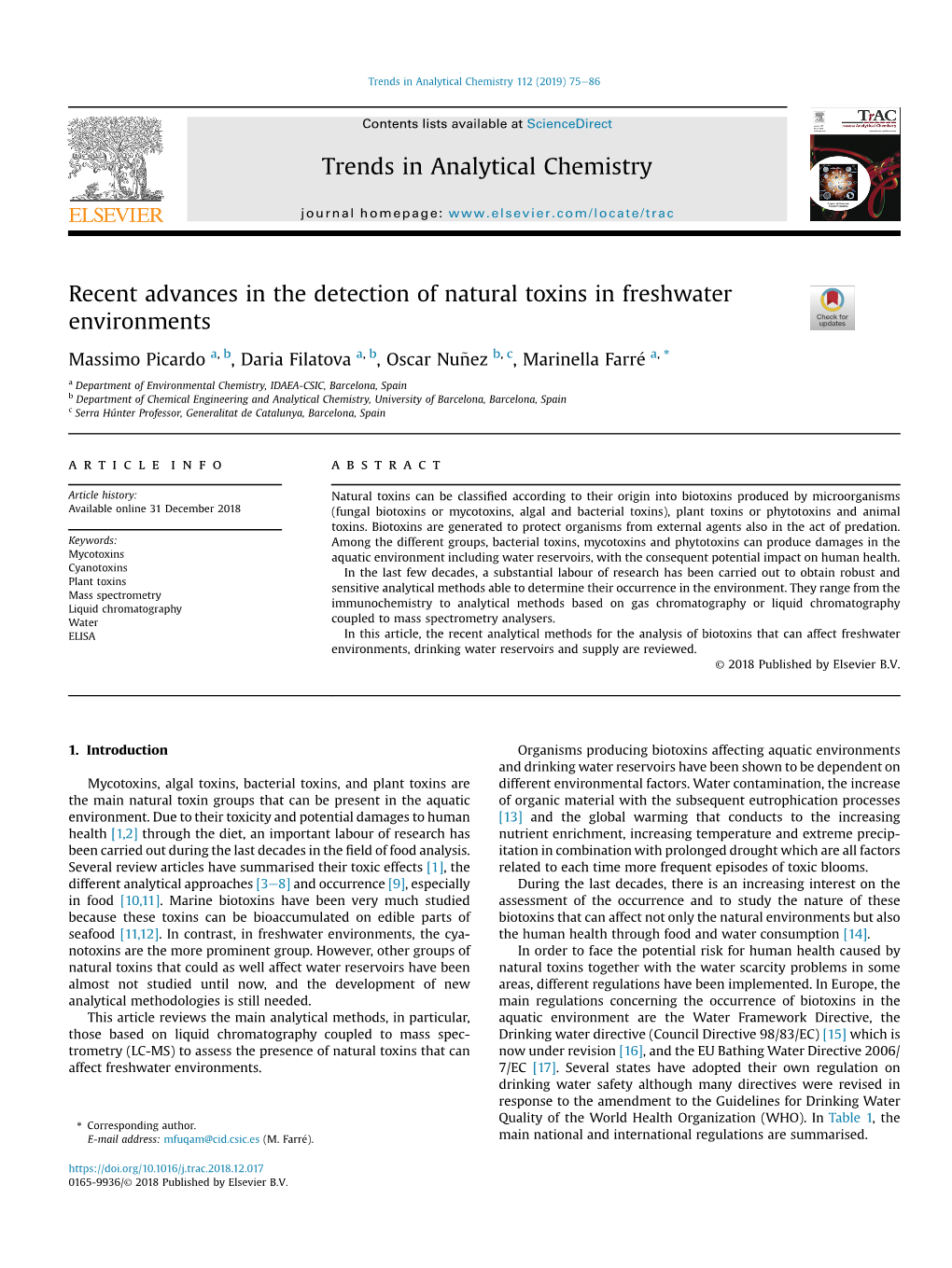 Recent Advances in the Detection of Natural Toxins in Freshwater Environments