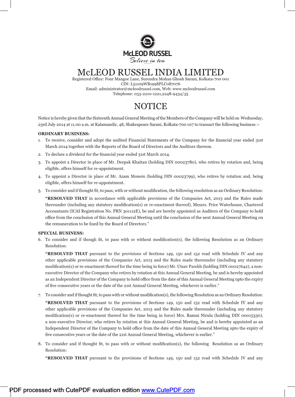 Mcleod RUSSEL INDIA LIMITED